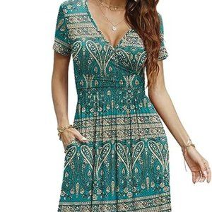 Women Short Sleeve Deep V-Neck Casual Long Dress